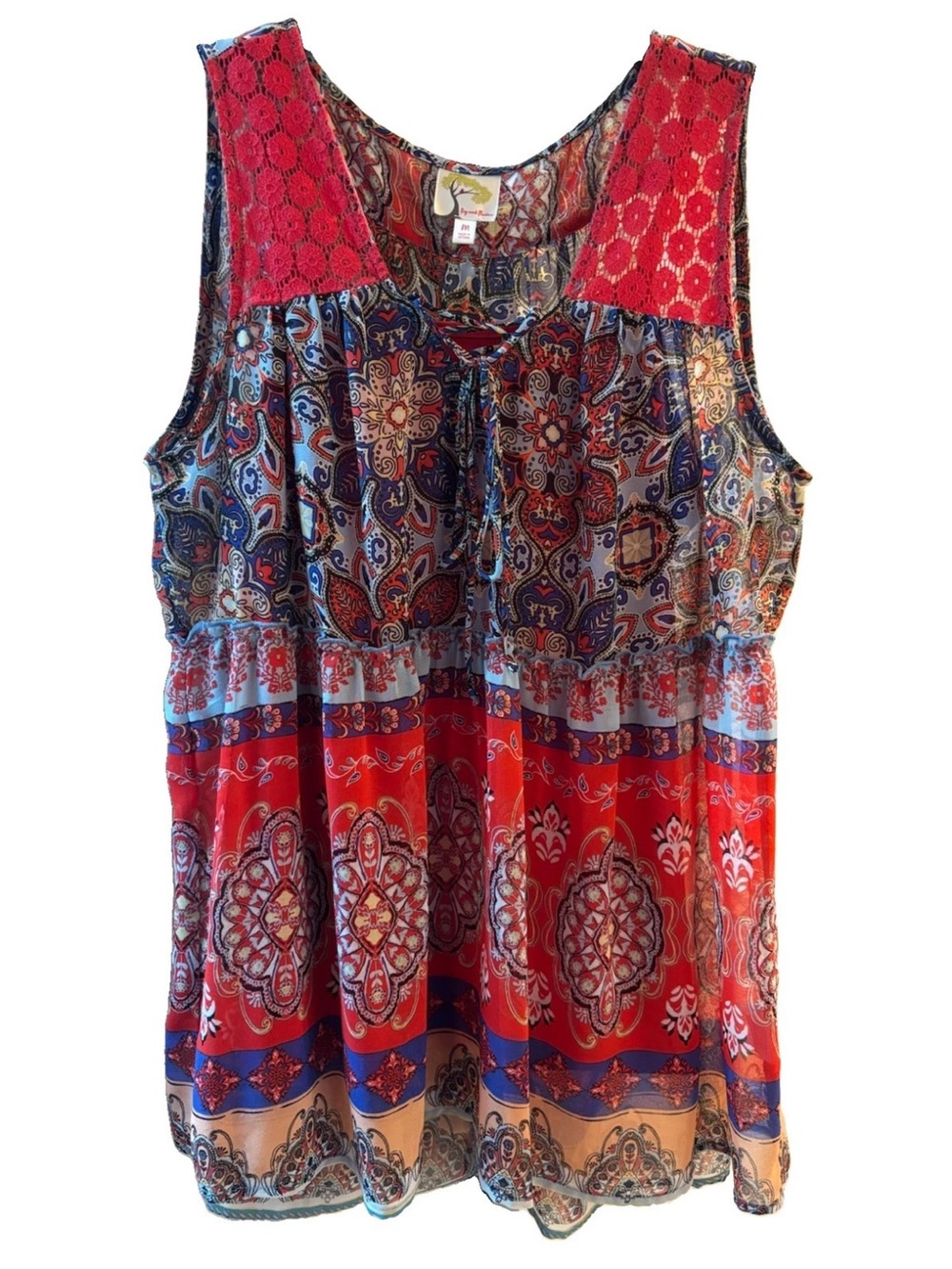 fig and flower Red and Blue Floral Paisley Lace Accent Tie Neck Lined Tank Top